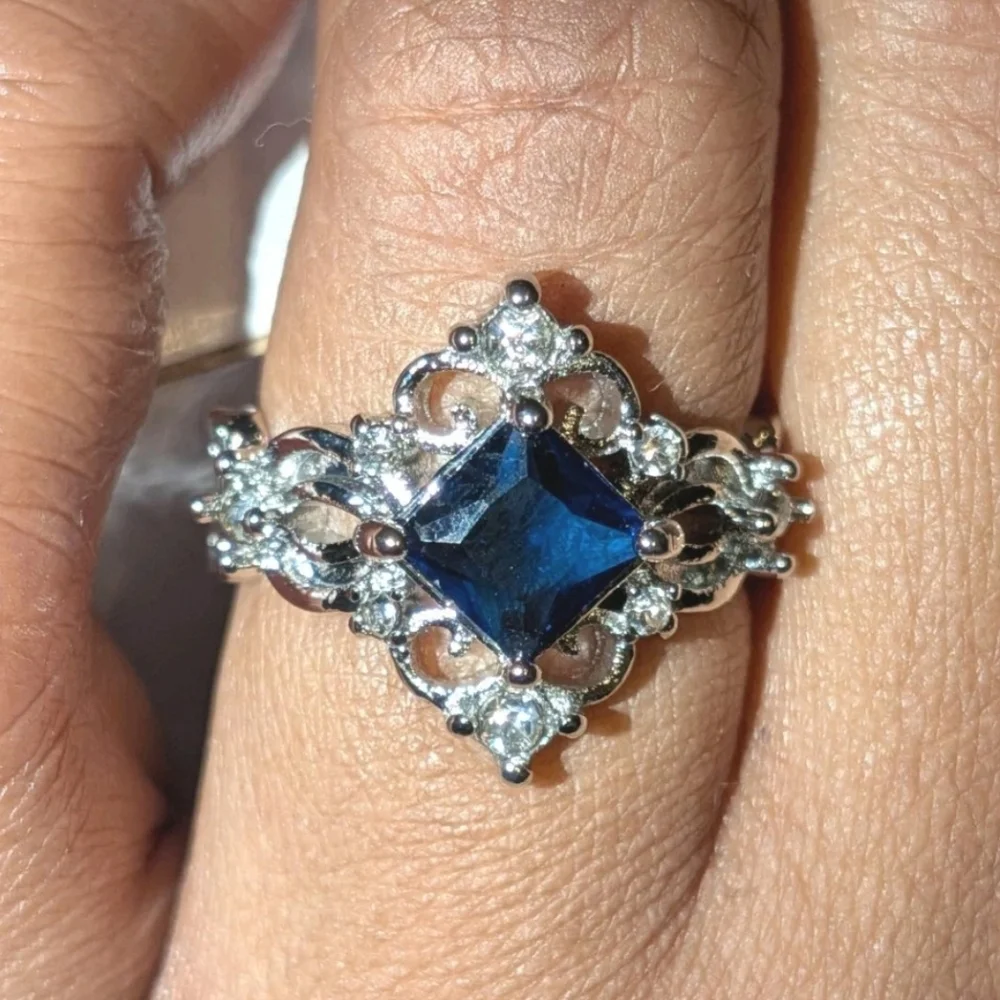 Ladie's Vintage Design Princess Cut Lab Created Sapphire Engagement Ring